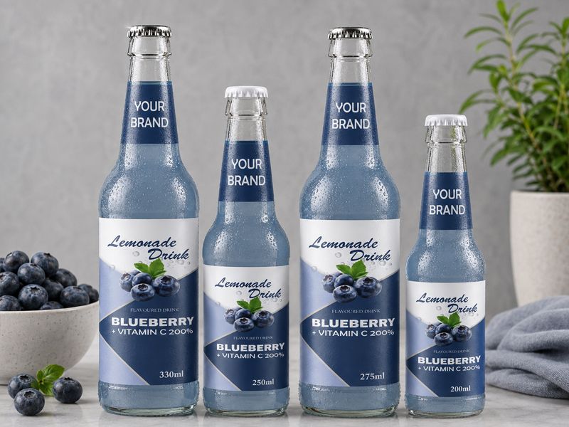 LEMONADE DRINK Blueberry flavored drink available in 330ml, 250ml, 275ml, and 200ml glass bottles.